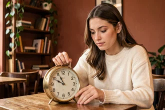 Femme contemplative regardant une horloge affichant 11h44 dans un café chaleureux, symbolisant la signification des heures miroirs lors d'une épreuve