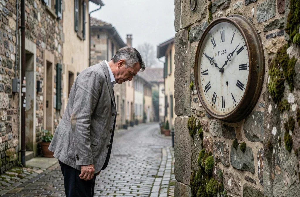 Homme face à une vieille horloge murale indiquant 11h44 dans une ruelle pavée européenne, illustrant la quête de sens des heures miroirs en période difficile