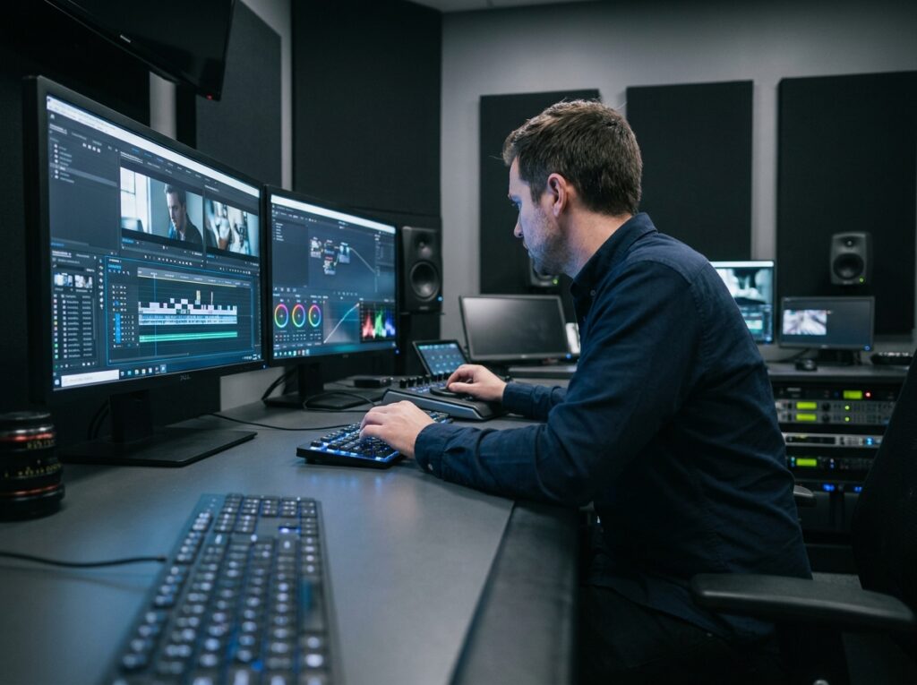Monteur vidéo travaillant sur un logiciel de post-production dans une salle de montage professionnelle