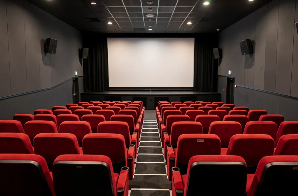 Petite salle de cinéma aux fauteuils rouges avant une séance