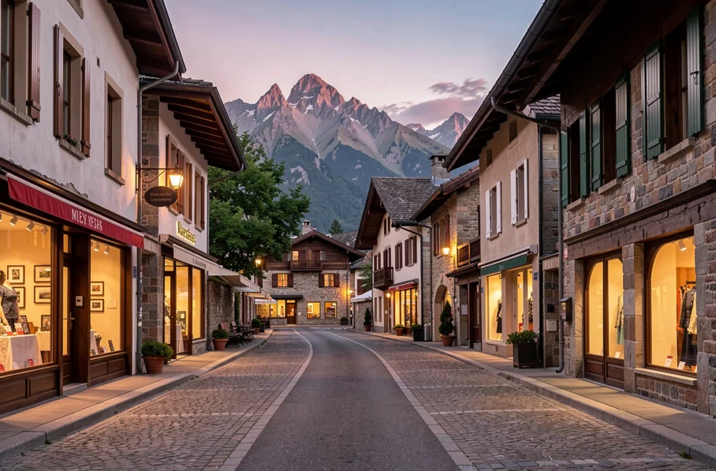 Rue du centre d'une station thermale pyrénéenne au crépuscule